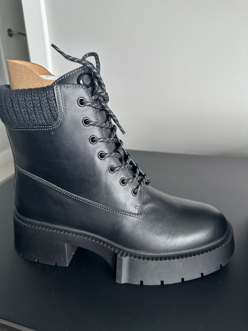 Coach Black Lace-Up Platform Combat Boots for Women